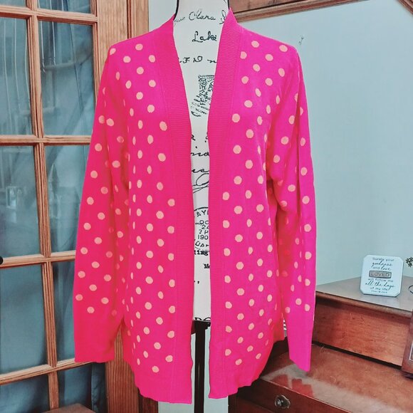 Isaac Mizrahi Pink & Orange Polka-Dot Jacquard Long-Sleeve Cardigan Sweater - Picture 1 of 6